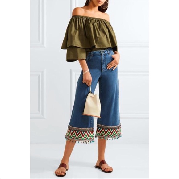 Alice + Olivia Beta Wide Leg Embroidered Gaucho Denim Jeans in SIZE 30 / 10 - Picture 3 of 14